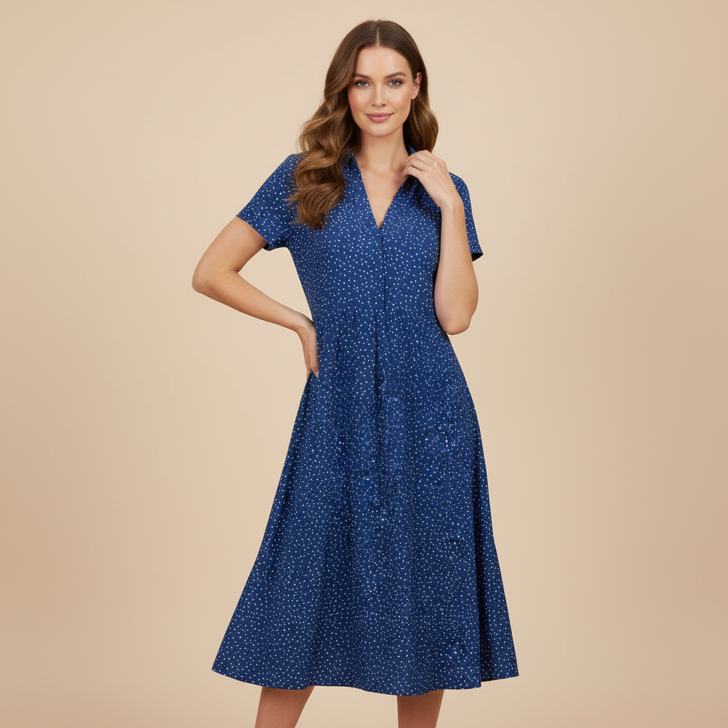 Midi Hemdblusenkleid Damen | Kurzärmliges Kleid aus Baumwolle