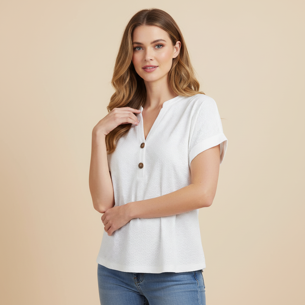 Damen V-Ausschnitt Top | Lässiges Kurzarmshirt Baumwolle